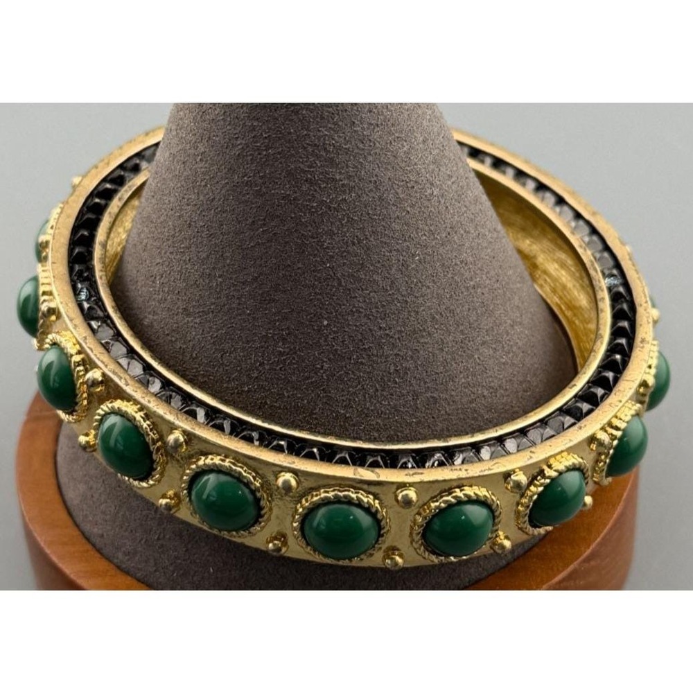 Vintage Bangle House of Harlow Green Plastic Accents Gold Tone Boho Disco 2.5"